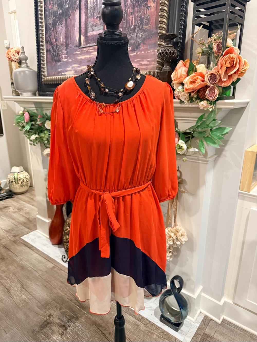 Sweet Storm Orange Colorblock Belted Midi